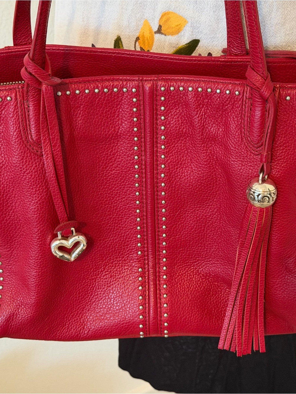 Brighton Red Studded Leather Tote Bag with Tassel and Heart charm - Picture 2 of 9
